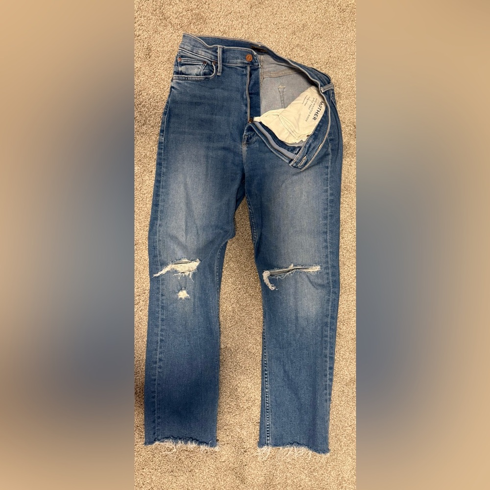 MOTHER High Waisted Rider, Ankle Fray Relaxed Blue Distressed Jeans